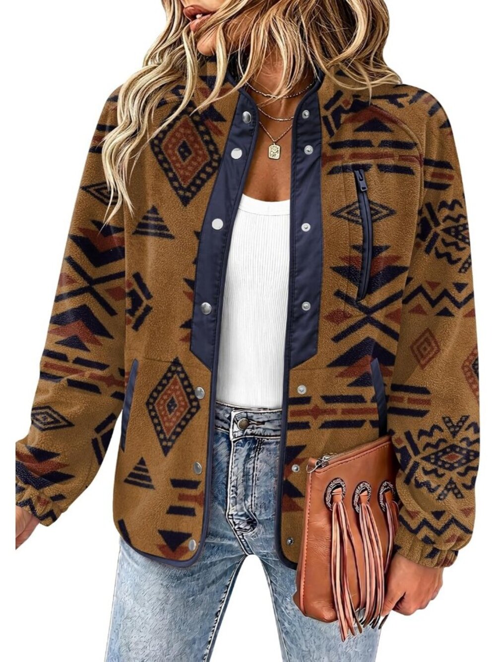 Women's Brown 1 Fleece Jacket Western Aztec Print Snap Button Down Outerwear